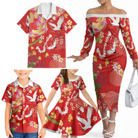 Hawaiian and Japanese Culture Together Family Matching Off The Shoulder Long Sleeve Dress and Hawaiian Shirt Kakau Tribal Pattern and Irezumi Art Red Color LT03 - Polynesian Pride