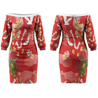 Hawaiian and Japanese Culture Together Family Matching Off The Shoulder Long Sleeve Dress and Hawaiian Shirt Kakau Tribal Pattern and Irezumi Art Red Color LT03 Mom's Dress Red - Polynesian Pride