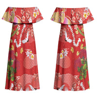 Hawaiian and Japanese Culture Together Family Matching Off Shoulder Maxi Dress and Hawaiian Shirt Kakau Tribal Pattern and Irezumi Art Red Color LT03 Mom's Dress Red - Polynesian Pride