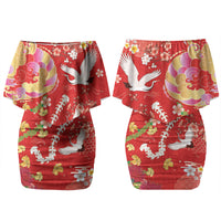 Hawaiian and Japanese Culture Together Family Matching Off Shoulder Short Dress and Hawaiian Shirt Kakau Tribal Pattern and Irezumi Art Red Color LT03 Mom's Dress Red - Polynesian Pride