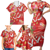 Hawaiian and Japanese Culture Together Family Matching Short Sleeve Bodycon Dress and Hawaiian Shirt Kakau Tribal Pattern and Irezumi Art Red Color LT03 - Polynesian Pride