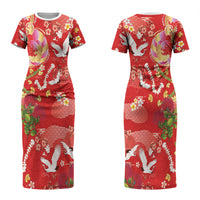 Hawaiian and Japanese Culture Together Family Matching Short Sleeve Bodycon Dress and Hawaiian Shirt Kakau Tribal Pattern and Irezumi Art Red Color LT03 Mom's Dress Red - Polynesian Pride