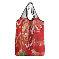 Hawaiian and Japanese Culture Together Grocery Bag Kakau Tribal Pattern and Irezumi Art Red Color