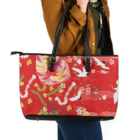 Hawaiian and Japanese Culture Together Leather Tote Bag Kakau Tribal Pattern and Irezumi Art Red Color