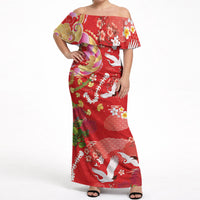 Hawaiian and Japanese Culture Together Off Shoulder Maxi Dress Kakau Tribal Pattern and Irezumi Art Red Color LT03 Women Red - Polynesian Pride