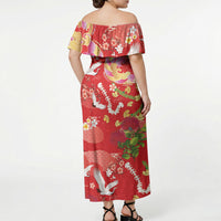 Hawaiian and Japanese Culture Together Off Shoulder Maxi Dress Kakau Tribal Pattern and Irezumi Art Red Color LT03 - Polynesian Pride