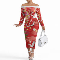 Hawaiian and Japanese Culture Together Off The Shoulder Long Sleeve Dress Kakau Tribal Pattern and Irezumi Art Red Color LT03 Women Red - Polynesian Pride