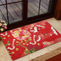 Hawaiian and Japanese Culture Together Rubber Doormat Kakau Tribal Pattern and Irezumi Art Red Color