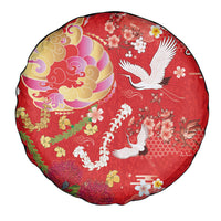 Hawaiian and Japanese Culture Together Spare Tire Cover Kakau Tribal Pattern and Irezumi Art Red Color