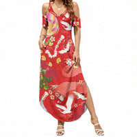 Hawaiian and Japanese Culture Together Summer Maxi Dress Kakau Tribal Pattern and Irezumi Art Red Color LT03 Women Red - Polynesian Pride