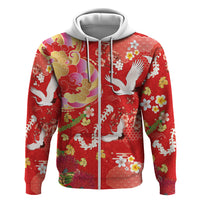 Hawaiian and Japanese Culture Together Zip Hoodie Kakau Tribal Pattern and Irezumi Art Red Color