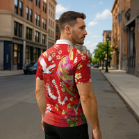 Hawaiian and Japanese Culture Together Zipper Polo Shirt Kakau Tribal Pattern and Irezumi Art Red Color
