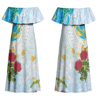 Japanese and Hawaiian Culture Fusion Family Matching Off Shoulder Maxi Dress and Hawaiian Shirt Irezumi with Turtles and Lei Kakau Pattern Fresh Vibe LT03 Mom's Dress Multicolor - Polynesian Pride