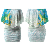 Japanese and Hawaiian Culture Fusion Family Matching Off Shoulder Short Dress and Hawaiian Shirt Irezumi with Turtles and Lei Kakau Pattern Fresh Vibe LT03 Mom's Dress Multicolor - Polynesian Pride