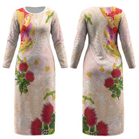 Japanese and Hawaiian Culture Fusion Couples Matching Long Sleeve Bodycon Dress and Long Sleeve Button Shirt Irezumi with Turtles and Lei Kakau Pattern Sunset Vibe LT03 - Polynesian Pride