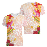 Japanese and Hawaiian Culture Fusion Women V-Neck T-Shirt Irezumi with Turtles and Lei Kakau Pattern Sunset Vibe LT03 - Polynesian Pride