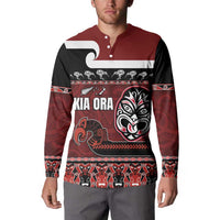 New Zealand Culture Button Sweatshirt Kia Ora Aotearoa Moko Tattoo Mask with Waka and Maori Art Pattern