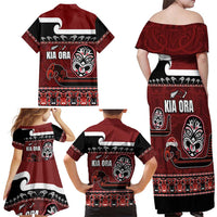 New Zealand Culture Family Matching Off Shoulder Maxi Dress and Hawaiian Shirt Kia Ora Aotearoa Moko Tattoo Mask with Waka and Maori Art Pattern