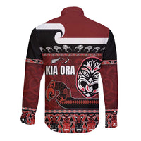 New Zealand Culture Long Sleeve Button Shirt Kia Ora Aotearoa Moko Tattoo Mask with Waka and Maori Art Pattern