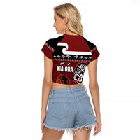 New Zealand Culture Raglan Cropped T Shirt Kia Ora Aotearoa Moko Tattoo Mask with Waka and Maori Art Pattern