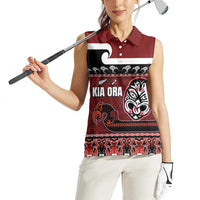 New Zealand Culture Women Sleeveless Polo Shirt Kia Ora Aotearoa Moko Tattoo Mask with Waka and Maori Art Pattern
