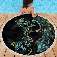 New Zealand Gecko Maori Art Tattoo Beach Blanket Silver Fern and Paua Shell Mode LT03 - Polynesian Pride