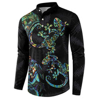 New Zealand Gecko Maori Art Tattoo Button Sweatshirt Silver Fern and Paua Shell Mode LT03 - Polynesian Pride