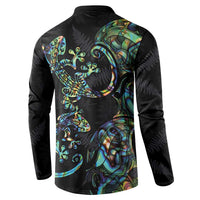 New Zealand Gecko Maori Art Tattoo Button Sweatshirt Silver Fern and Paua Shell Mode LT03 - Polynesian Pride