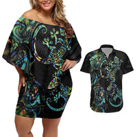 New Zealand Gecko Maori Art Tattoo Couples Matching Off Shoulder Short Dress and Hawaiian Shirt Silver Fern and Paua Shell Mode
