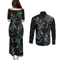 New Zealand Gecko Maori Art Tattoo Couples Matching Puletasi and Long Sleeve Button Shirt Silver Fern and Paua Shell Mode