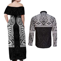 Samoan Traditional Art Tattoos Couples Matching Off Shoulder Maxi Dress and Long Sleeve Button Shirt Tatau Tribal Motifs with Ula Fala Black - Polynesian Pride