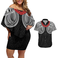 Samoan Traditional Art Tattoos Couples Matching Off Shoulder Short Dress and Hawaiian Shirt Tatau Tribal Motifs with Ula Fala Black - Polynesian Pride