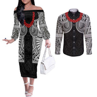 Samoan Traditional Art Tattoos Couples Matching Off The Shoulder Long Sleeve Dress and Long Sleeve Button Shirt Tatau Tribal Motifs with Ula Fala Black - Polynesian Pride