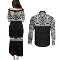 Samoan Traditional Art Tattoos Couples Matching Puletasi and Long Sleeve Button Shirt Tatau Tribal Motifs with Ula Fala Black - Polynesian Pride