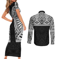 Samoan Traditional Art Tattoos Couples Matching Short Sleeve Bodycon Dress and Long Sleeve Button Shirt Tatau Tribal Motifs with Ula Fala Black - Polynesian Pride