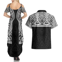 Samoan Traditional Art Tattoos Couples Matching Summer Maxi Dress and Hawaiian Shirt Tatau Tribal Motifs with Ula Fala Black - Polynesian Pride