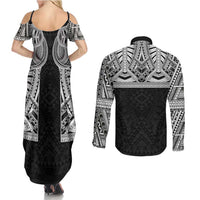 Samoan Traditional Art Tattoos Couples Matching Summer Maxi Dress and Long Sleeve Button Shirt Tatau Tribal Motifs with Ula Fala Black - Polynesian Pride