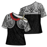 Samoan Traditional Art Tattoos Cross Shoulder Shirt Tatau Tribal Motifs with Ula Fala Black - Polynesian Pride