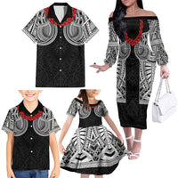 Samoan Traditional Art Tattoos Family Matching Off The Shoulder Long Sleeve Dress and Hawaiian Shirt Tatau Tribal Motifs with Ula Fala Black - Polynesian Pride