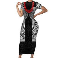 Samoan Traditional Art Tattoos Family Matching Short Sleeve Bodycon Dress and Hawaiian Shirt Tatau Tribal Motifs with Ula Fala Black - Polynesian Pride
