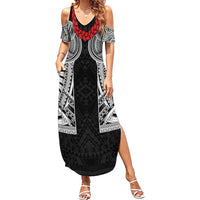 Samoan Traditional Art Tattoos Family Matching Summer Maxi Dress and Hawaiian Shirt Tatau Tribal Motifs with Ula Fala Black - Polynesian Pride
