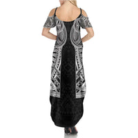 Samoan Traditional Art Tattoos Family Matching Summer Maxi Dress and Hawaiian Shirt Tatau Tribal Motifs with Ula Fala Black - Polynesian Pride