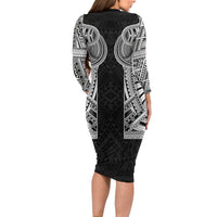 Samoan Traditional Art Tattoos Long Sleeve Bodycon Dress Tatau Tribal Motifs with Ula Fala Black - Polynesian Pride