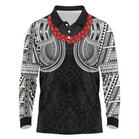 Samoan Traditional Art Tattoos Long Sleeve Polo Shirt Tatau Tribal Motifs with Ula Fala Black - Polynesian Pride