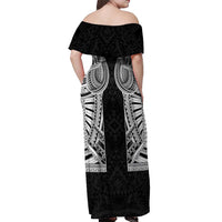 Samoan Traditional Art Tattoos Off Shoulder Maxi Dress Tatau Tribal Motifs with Ula Fala Black - Polynesian Pride