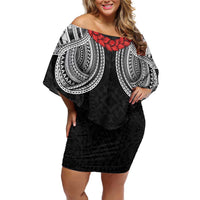 Samoan Traditional Art Tattoos Off Shoulder Short Dress Tatau Tribal Motifs with Ula Fala Black - Polynesian Pride