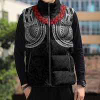 Samoan Traditional Art Tattoos Sleeveless Puffer Jacket Tatau Tribal Motifs with Ula Fala Black - Polynesian Pride