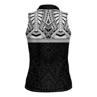 Samoan Traditional Art Tattoos Women Sleeveless Polo Shirt Tatau Tribal Motifs with Ula Fala Black - Polynesian Pride