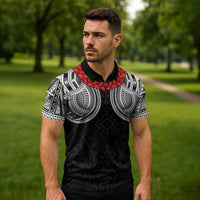 Samoan Traditional Art Tattoos Zipper Polo Shirt Tatau Tribal Motifs with Ula Fala Black - Polynesian Pride
