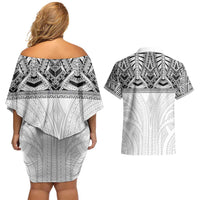 Samoan Traditional Art Tattoos Couples Matching Off Shoulder Short Dress and Hawaiian Shirt Tatau Tribal Motifs with Ula Nifo White - Polynesian Pride